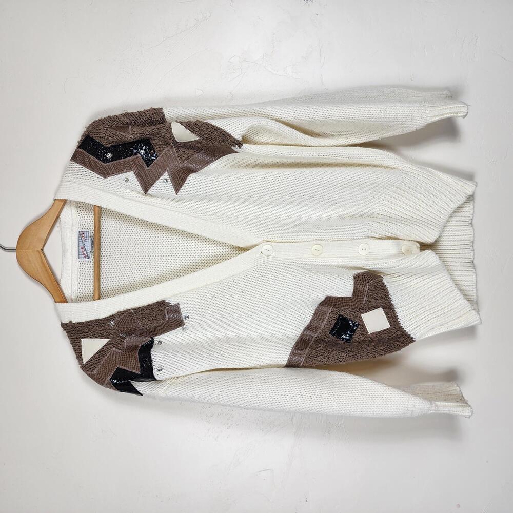 Vintage Spice of Life 80's Ivory Brown Knit Cardigan Sweater Women’s Western